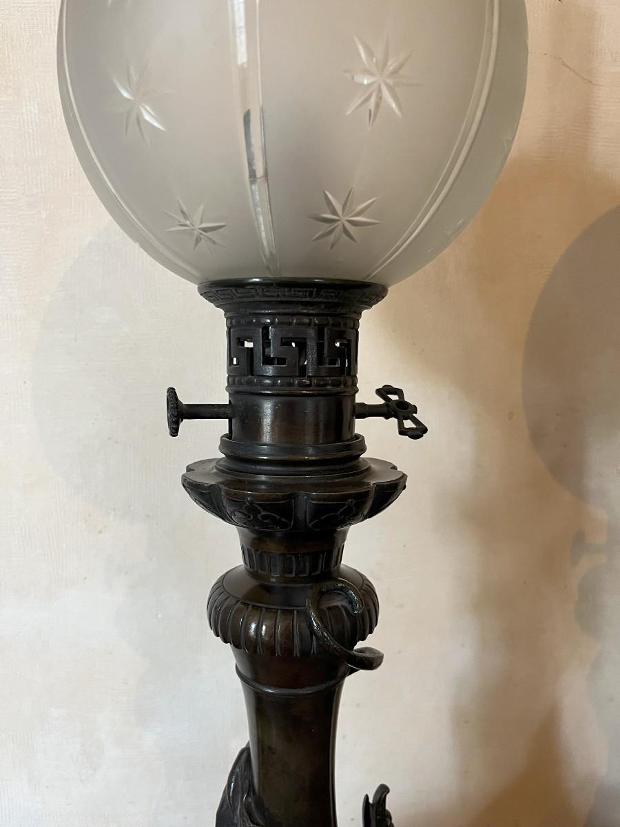 Paire De Lampes à Pétrole En Bronze Aux Chimères époque Napoléon III-photo-2