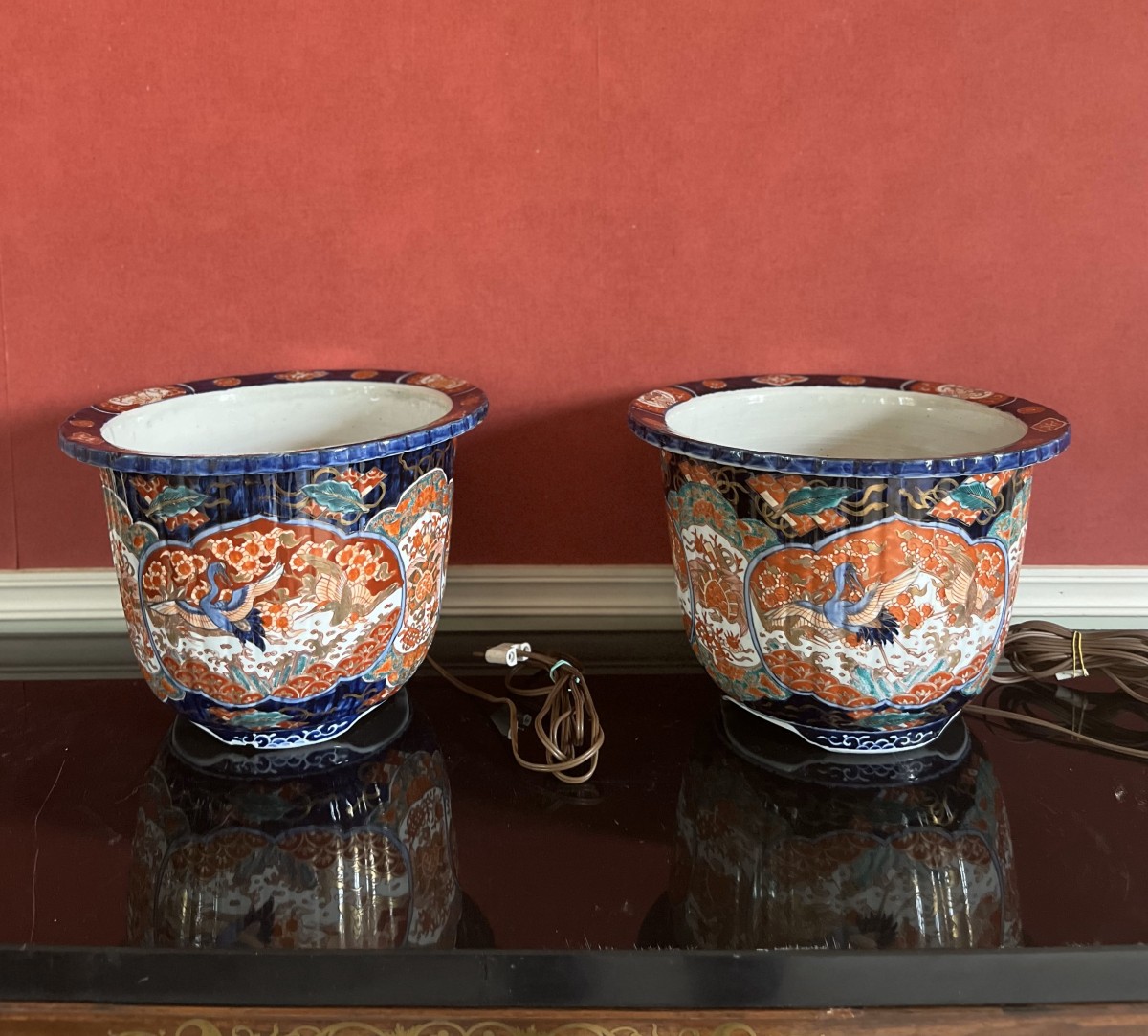 Japan, Pair Of Plant Pots, Lamps, Imari Porcelain, Meiji Period, 19th Century -photo-3