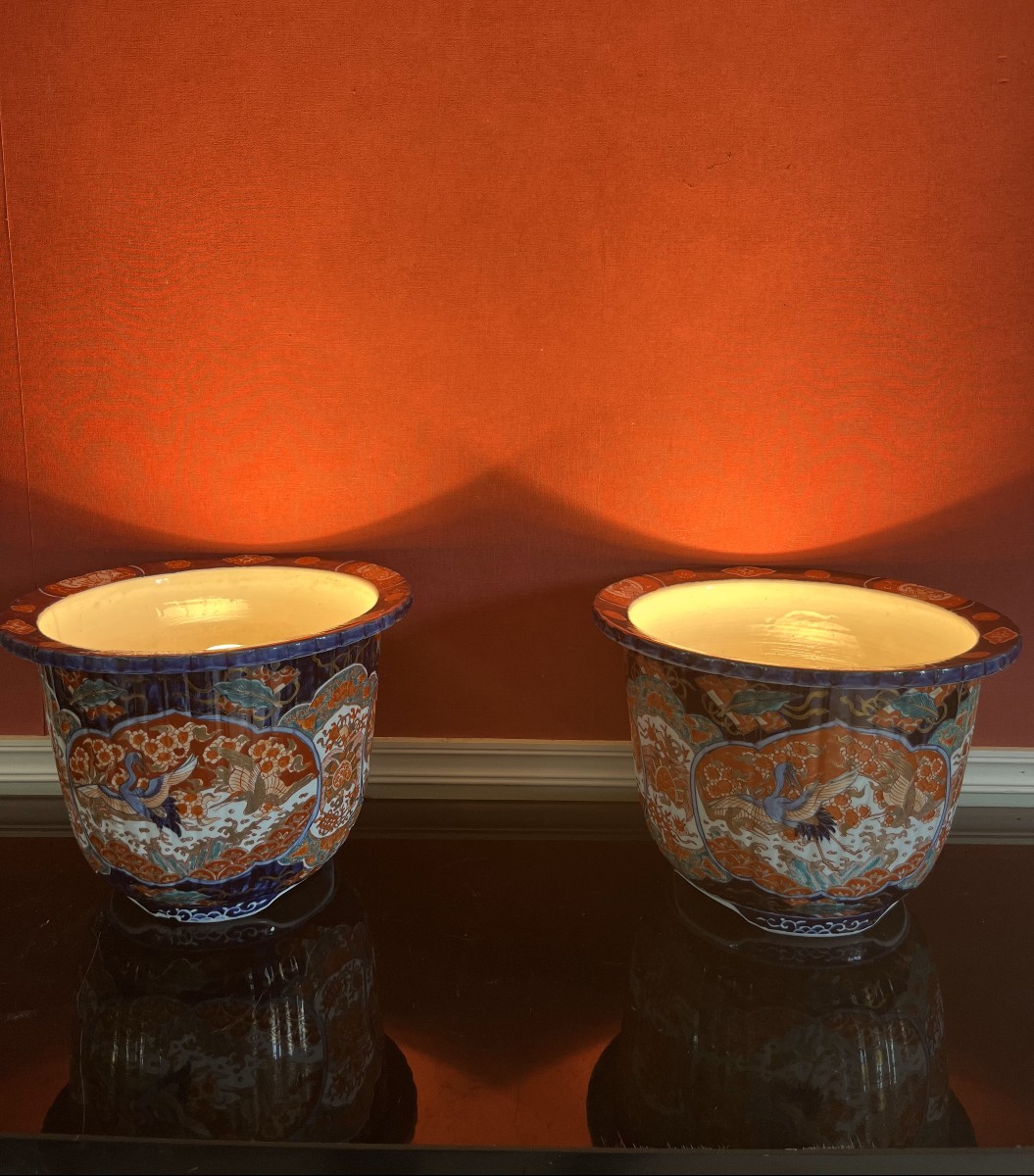 Japan, Pair Of Plant Pots, Lamps, Imari Porcelain, Meiji Period, 19th Century 