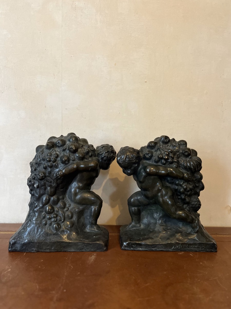Pair Of Bronze Bookends, Children, Signed Joseph Witterwulghe