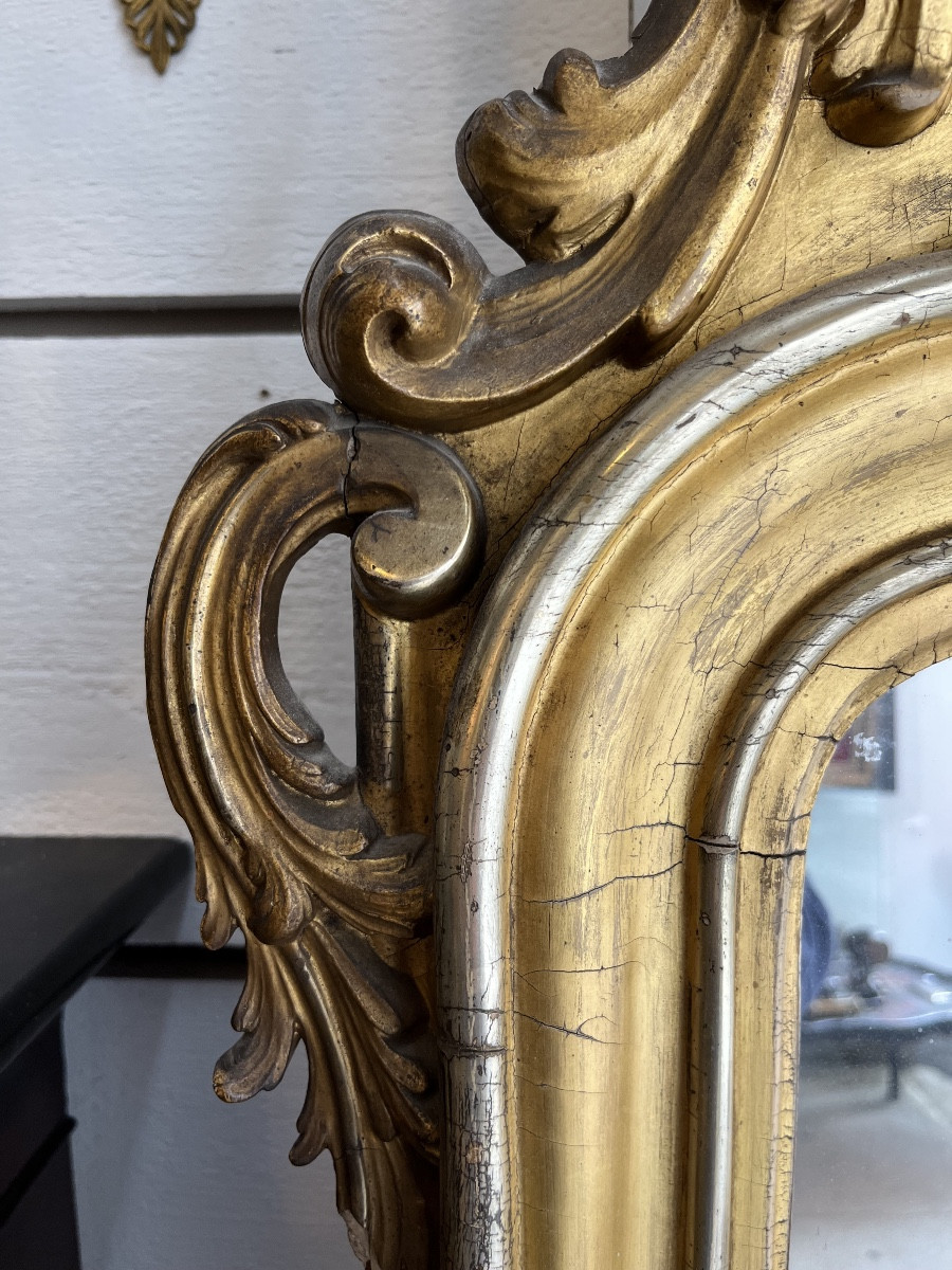 Miroir de style baroque en stuc et bois doré et argenté, XIXème siècle -photo-2