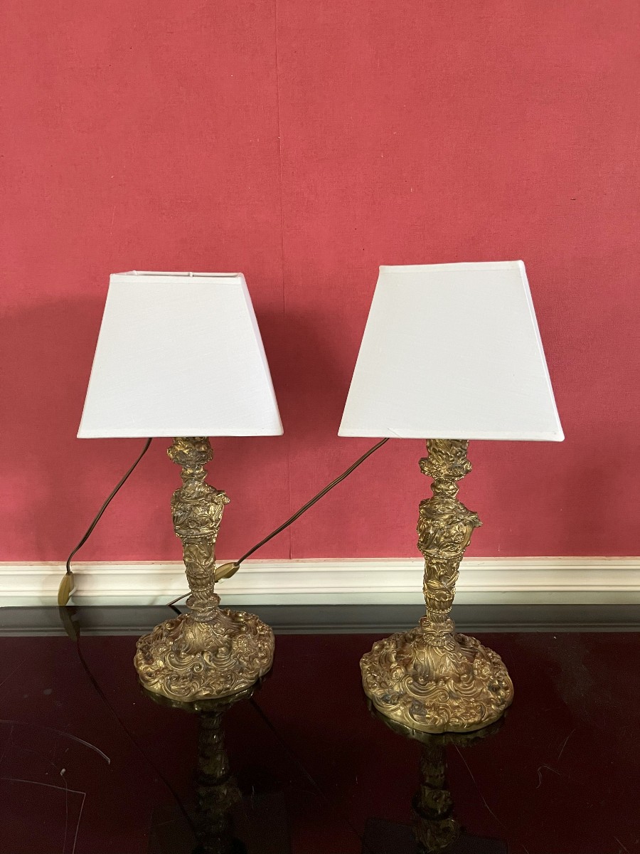 Paire de bougeoirs bronze doré-Paire de lampes-XIXème siècle-photo-2