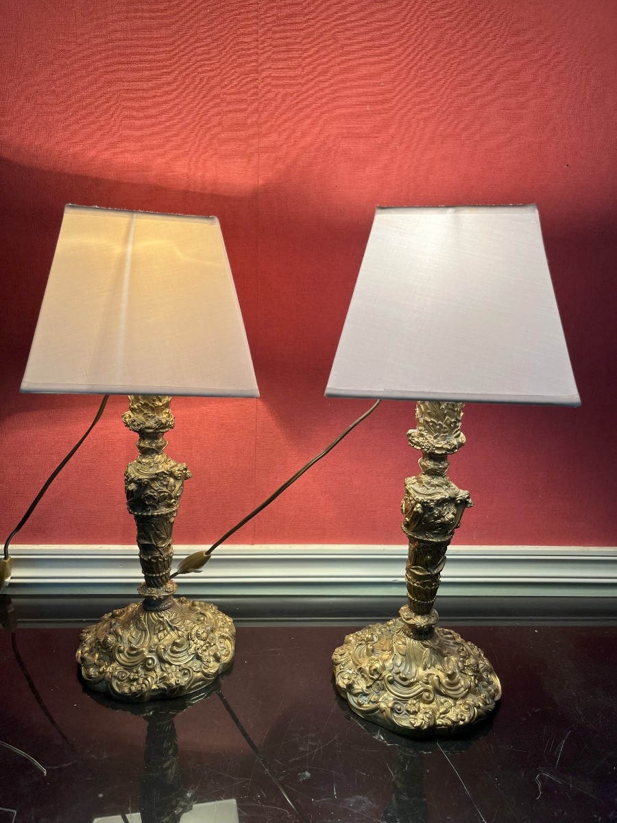Paire de bougeoirs bronze doré-Paire de lampes-XIXème siècle