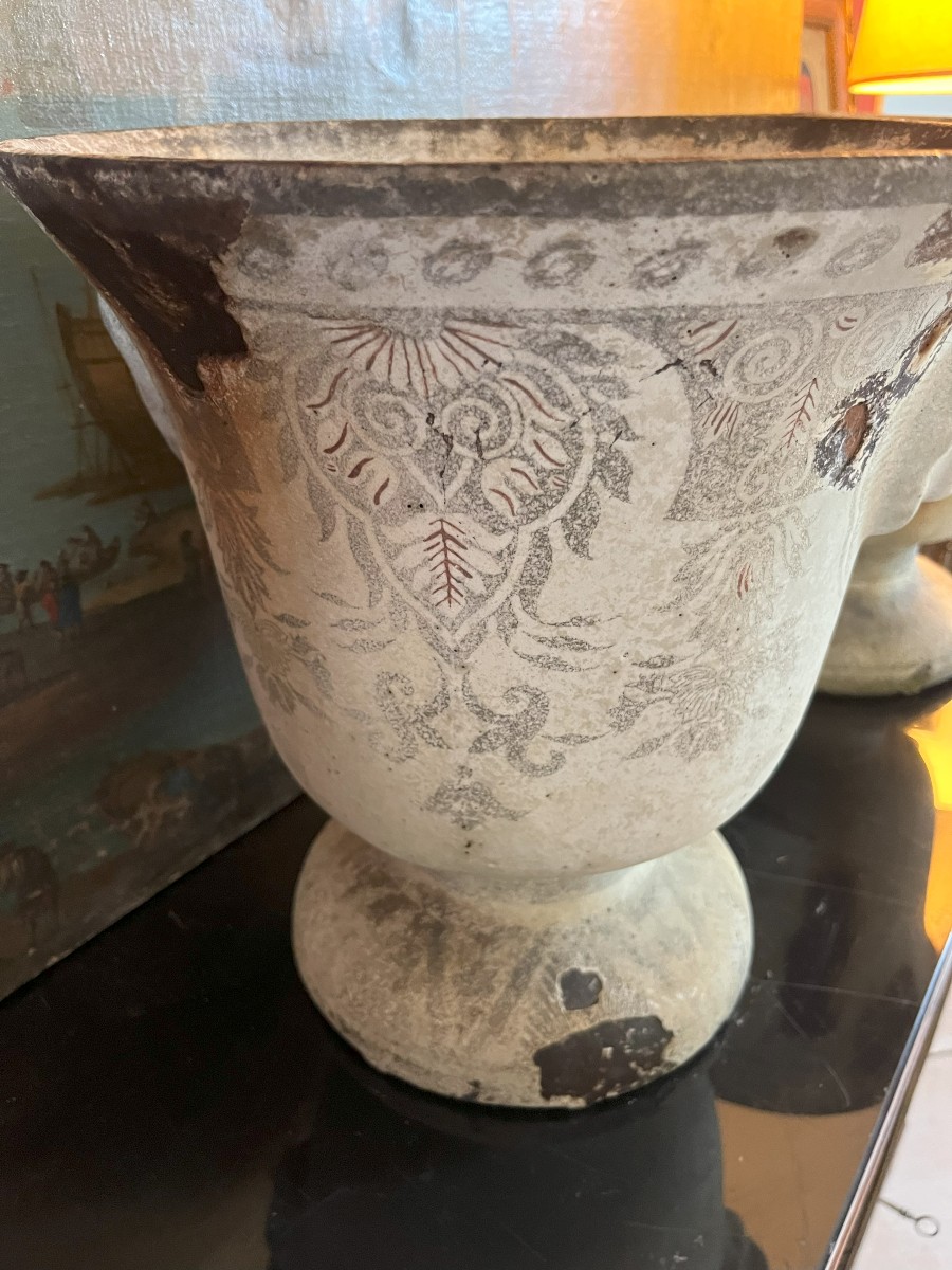 Paire de vases en fonte émaillée décor Rouen- XIXème siècle-Jardin-photo-2