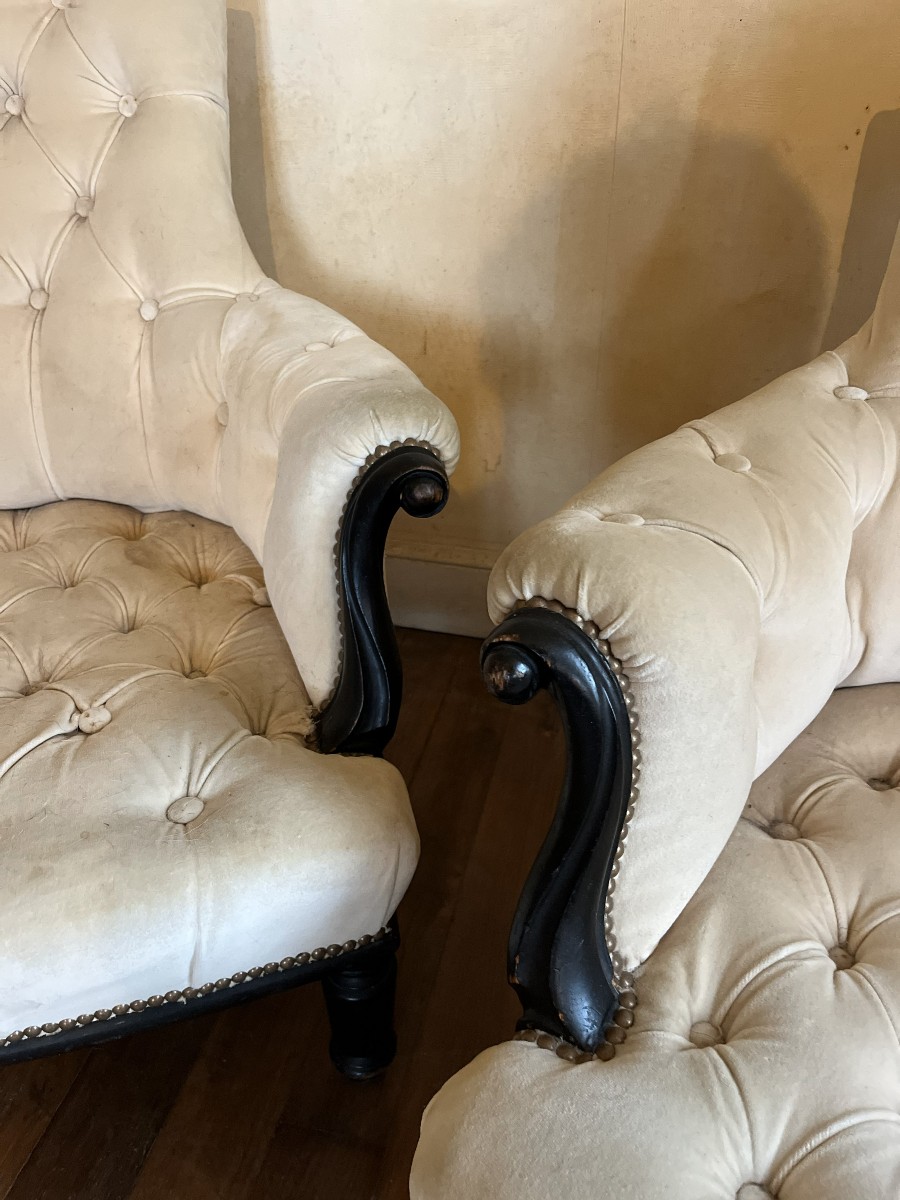 Paire de fauteuils Napoléon III capitonnés, velour de soie , XIXème siècle-photo-2