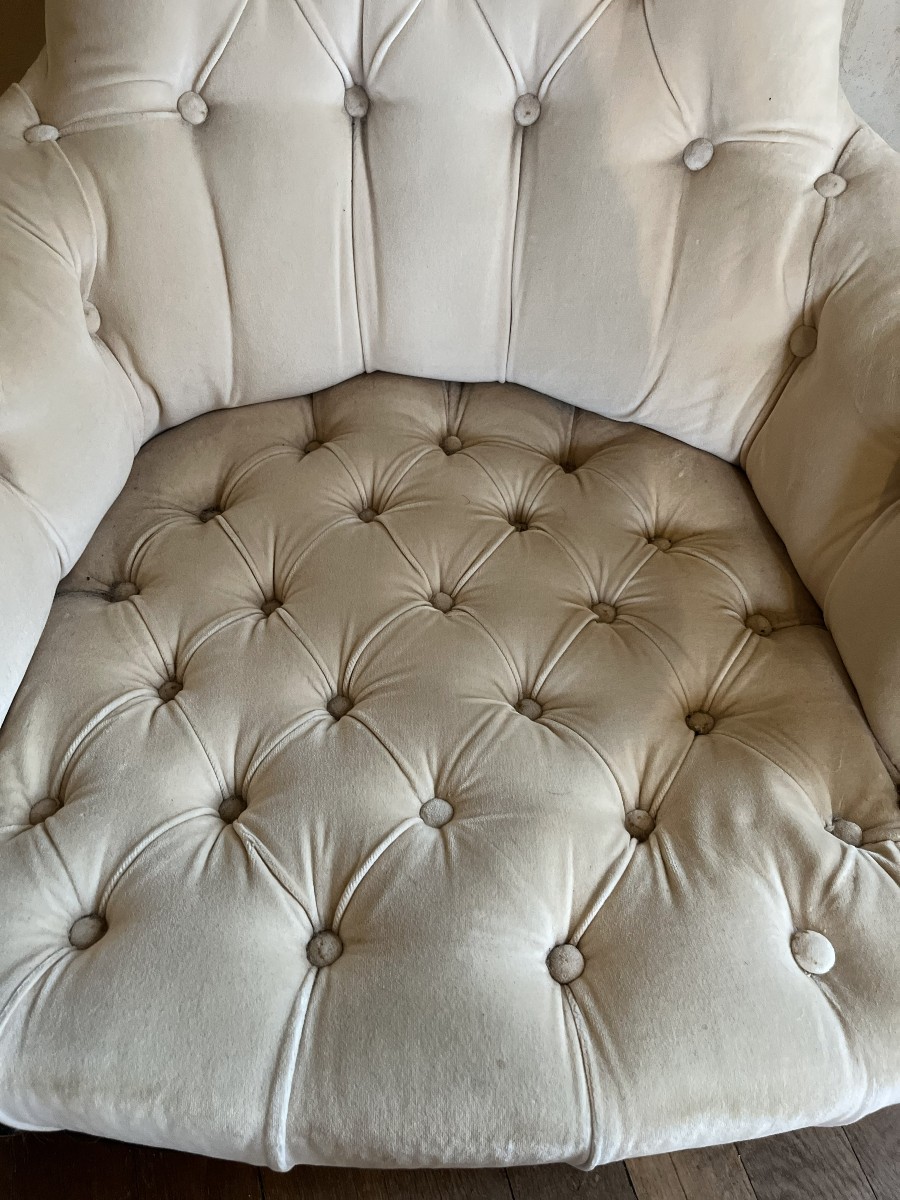 Paire de fauteuils Napoléon III capitonnés, velour de soie , XIXème siècle-photo-3