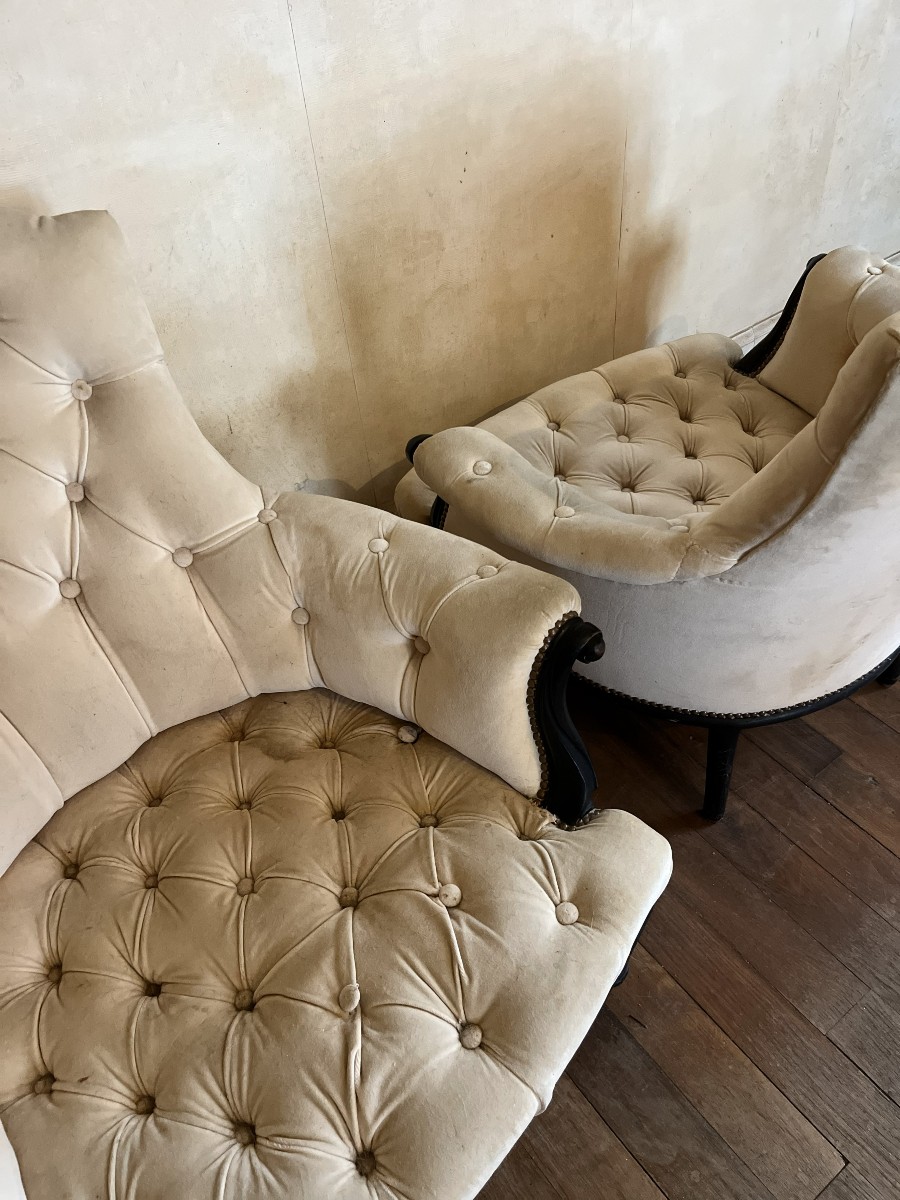 Paire de fauteuils Napoléon III capitonnés, velour de soie , XIXème siècle-photo-4
