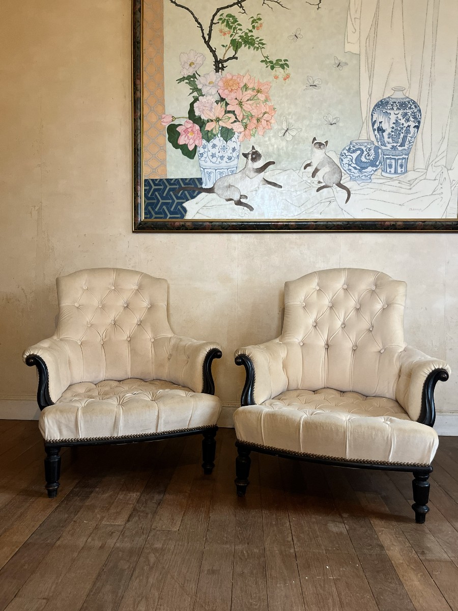 Paire de fauteuils Napoléon III capitonnés, velour de soie , XIXème siècle