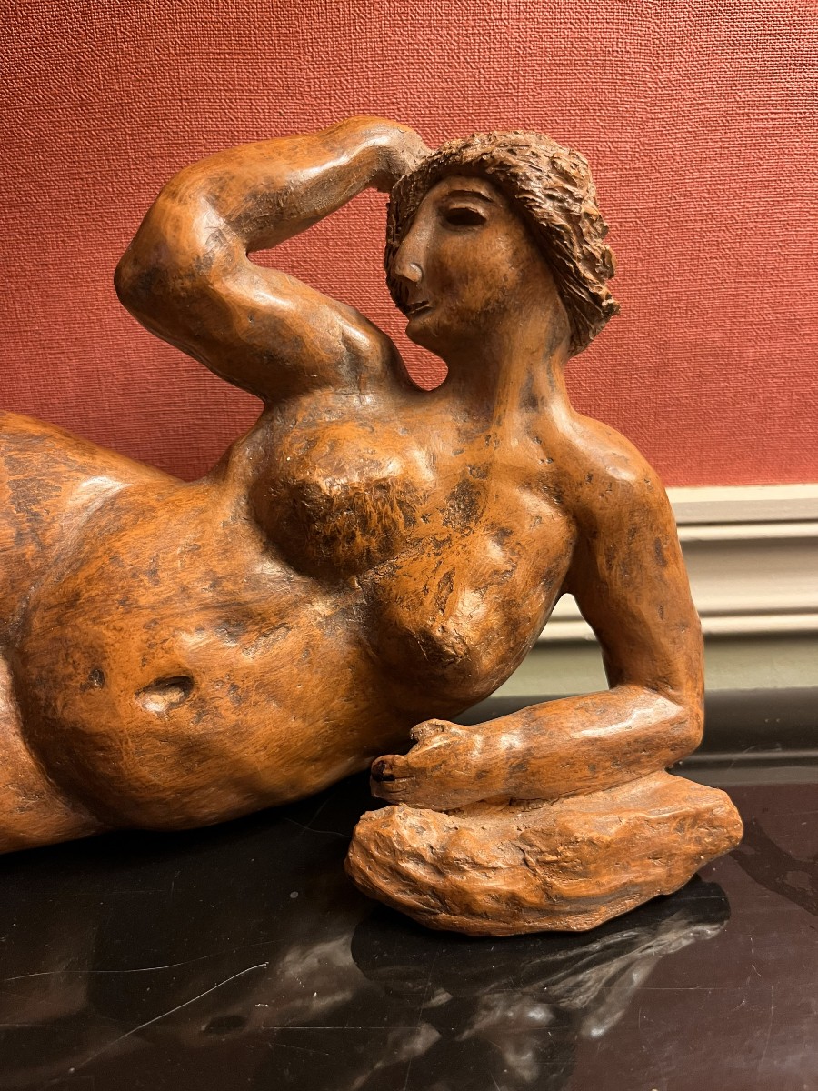 Terracotta Sculpture, Reclining Woman, Signed M Ferrero And Dated 83-photo-2