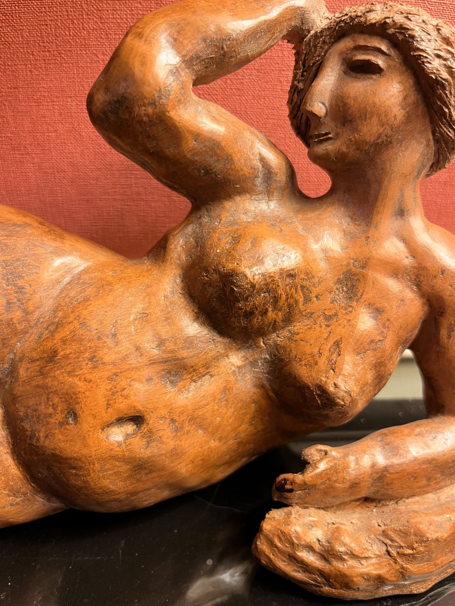 Terracotta Sculpture, Reclining Woman, Signed M Ferrero And Dated 83-photo-3