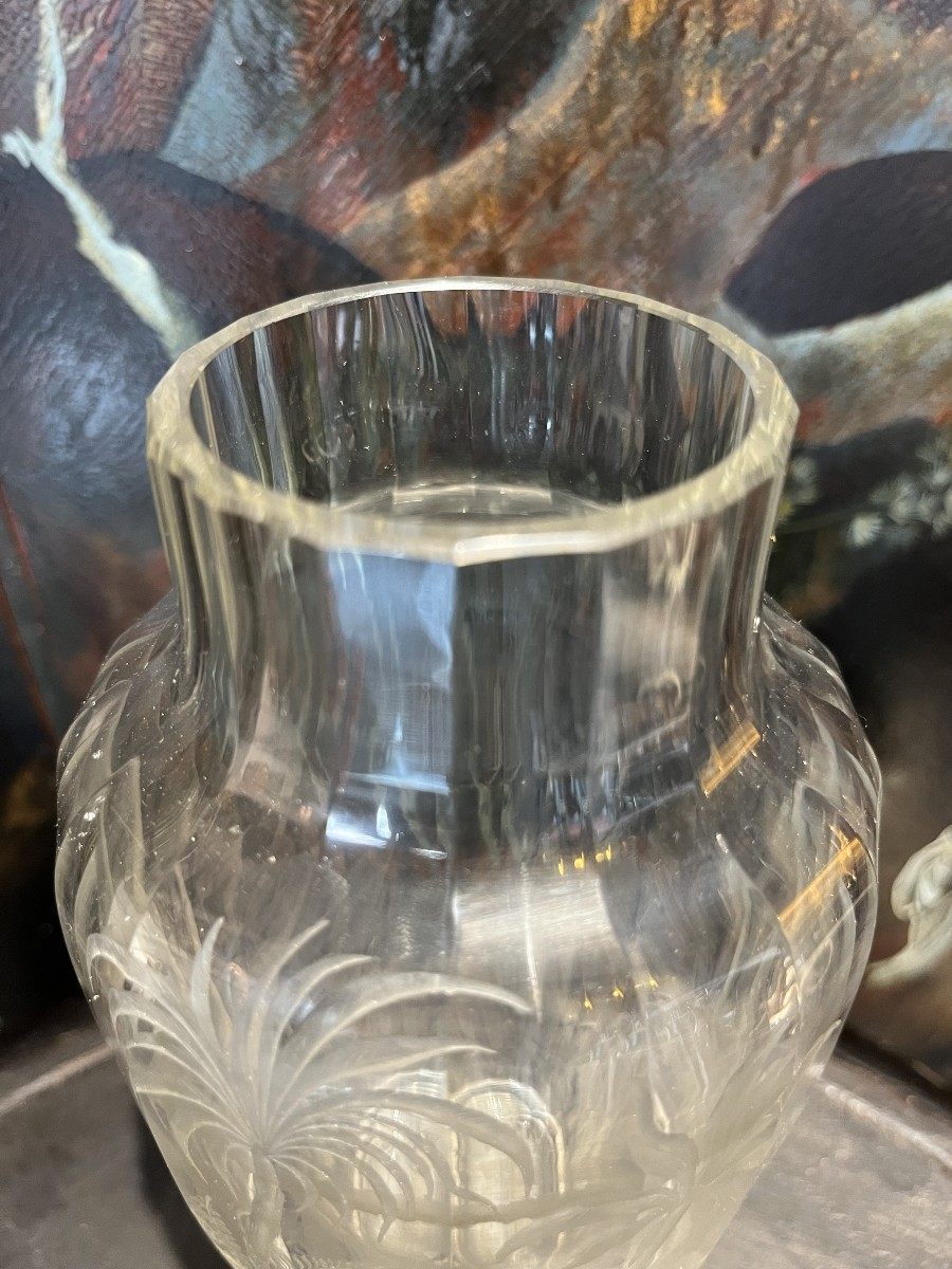 Cut And Engraved Crystal Vase, Indian-style Decoration, Late 19th Century-photo-3