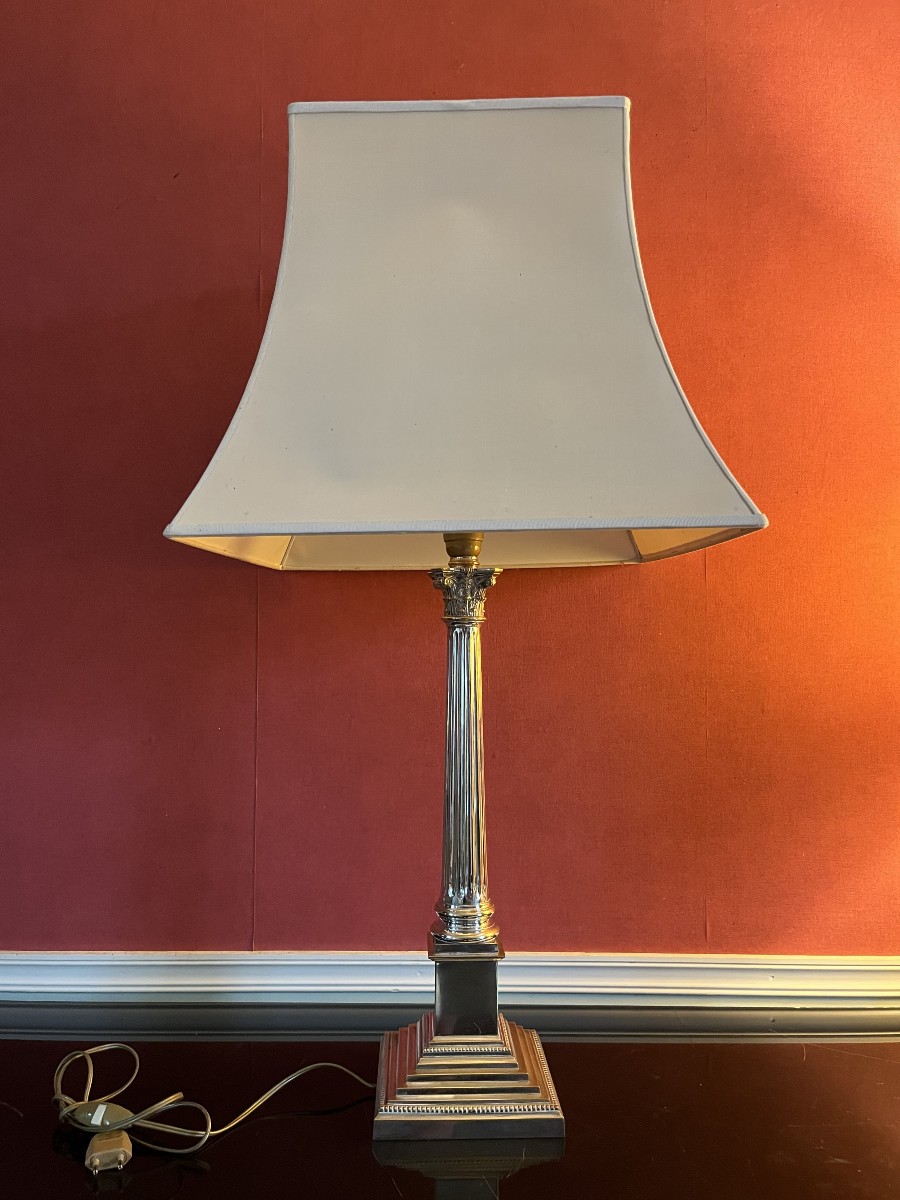 Paire de lampes en bronze argenté , néo classique , XXème siècle , vers 1970-photo-2