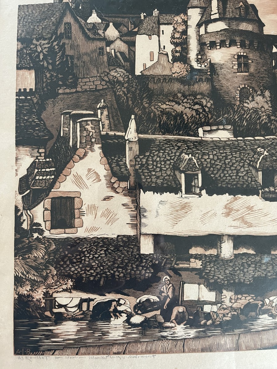Le lavoir de la Varenne à Vannes, Bretagne, gravure sur bois, A.J Roullet, XXème siècle-photo-2