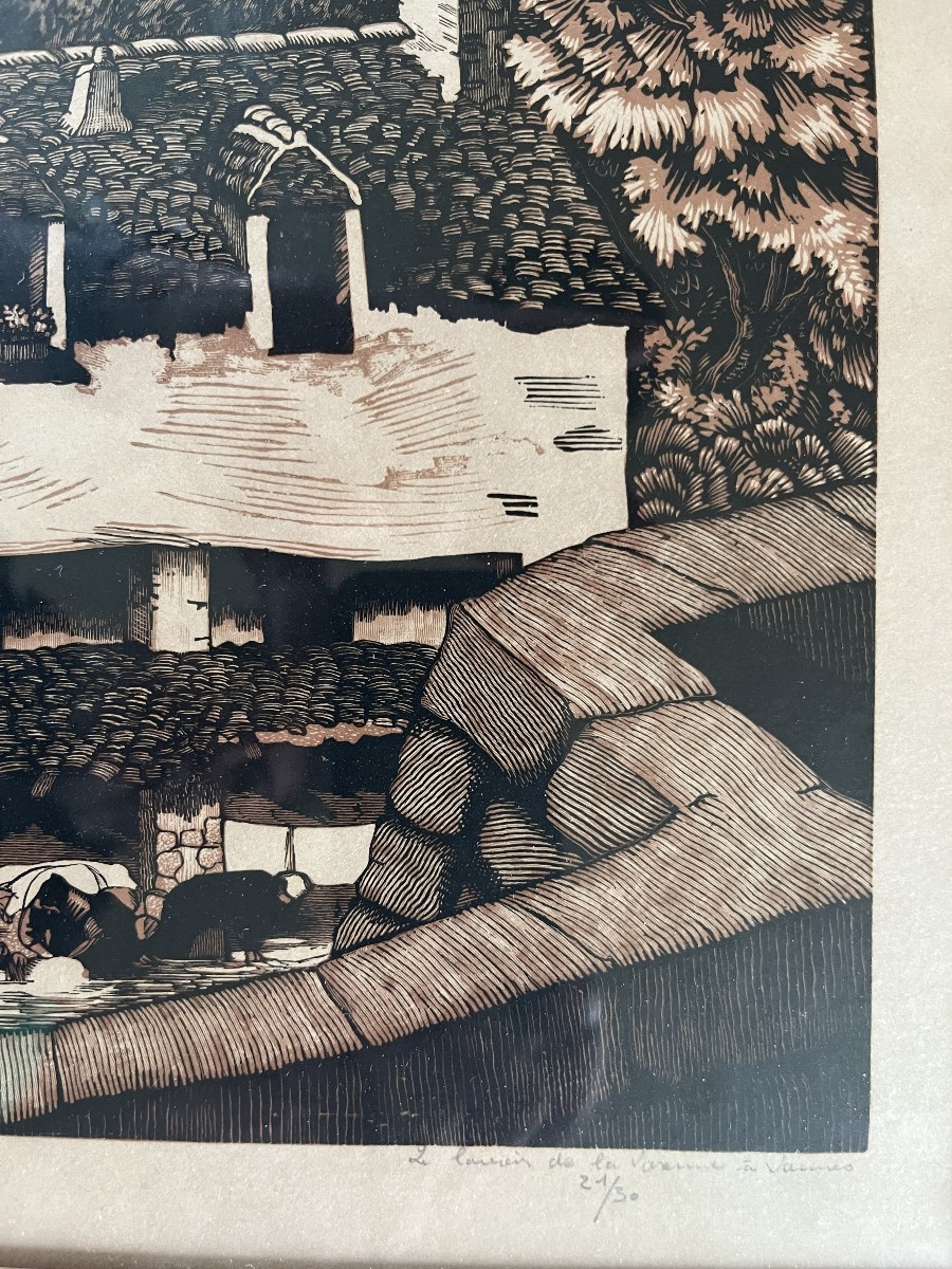 Le lavoir de la Varenne à Vannes, Bretagne, gravure sur bois, A.J Roullet, XXème siècle-photo-3