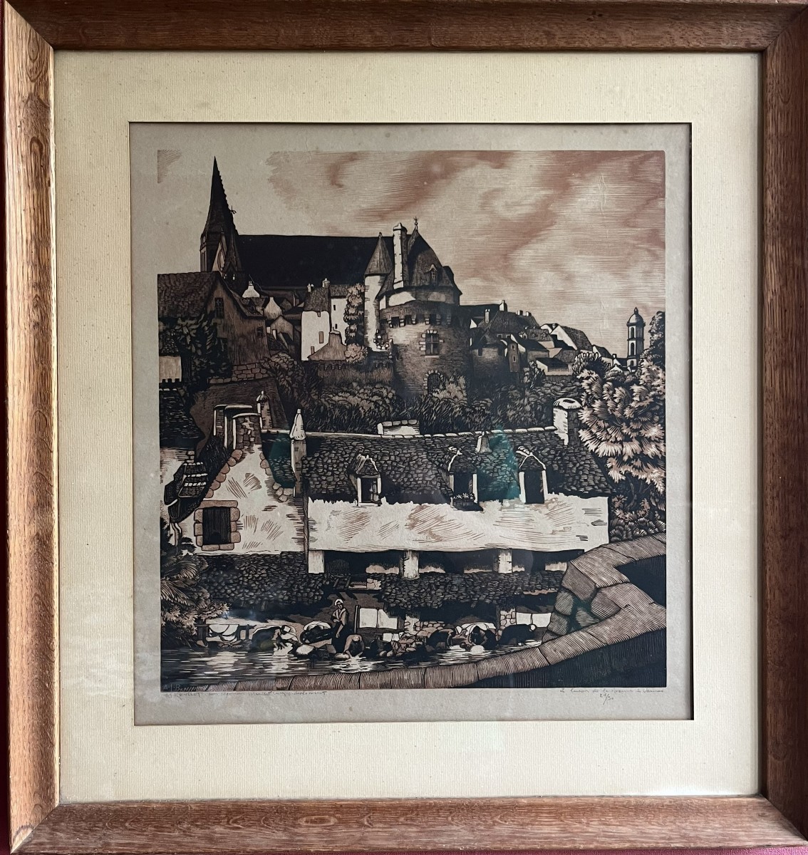 Le lavoir de la Varenne à Vannes, Bretagne, gravure sur bois, A.J Roullet, XXème siècle