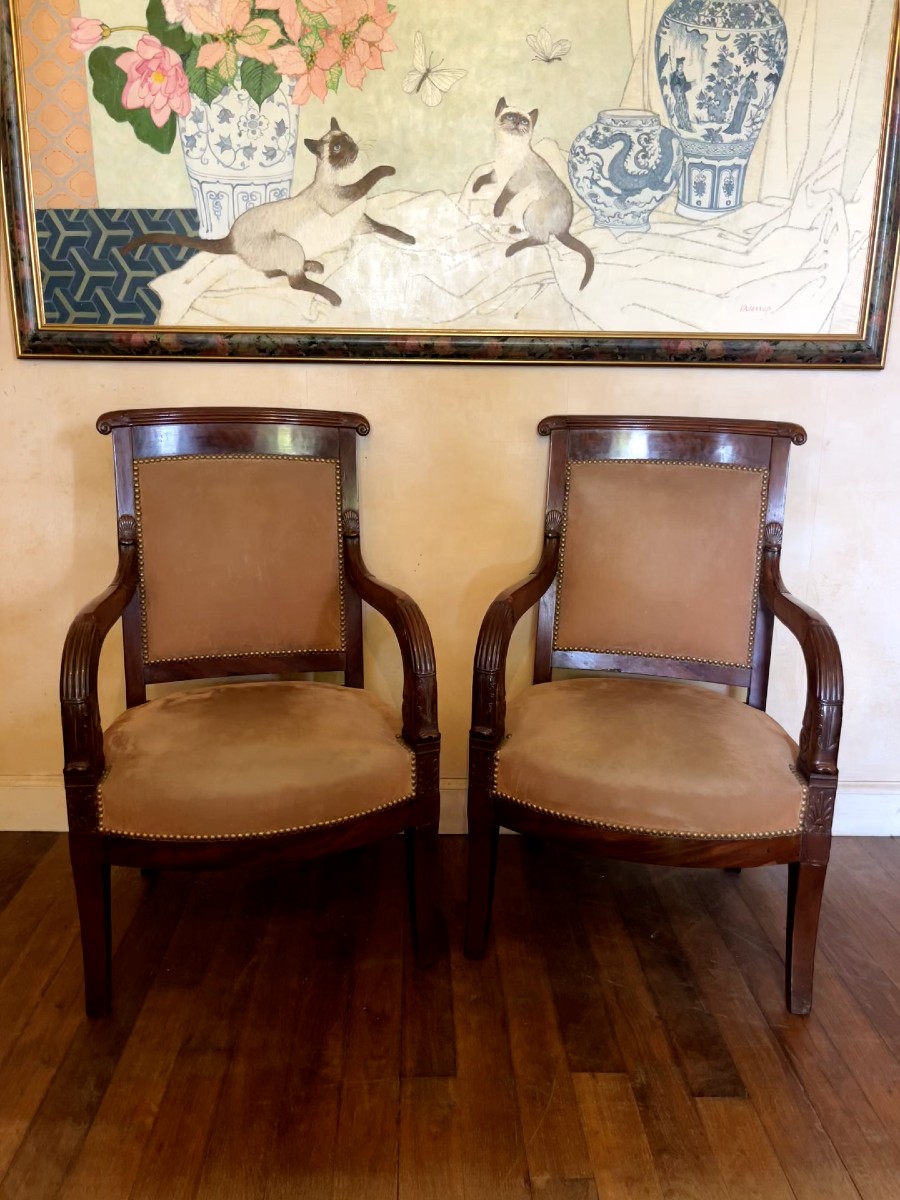 Pair Of Empire Period Mahogany Armchairs, Bellangé Model