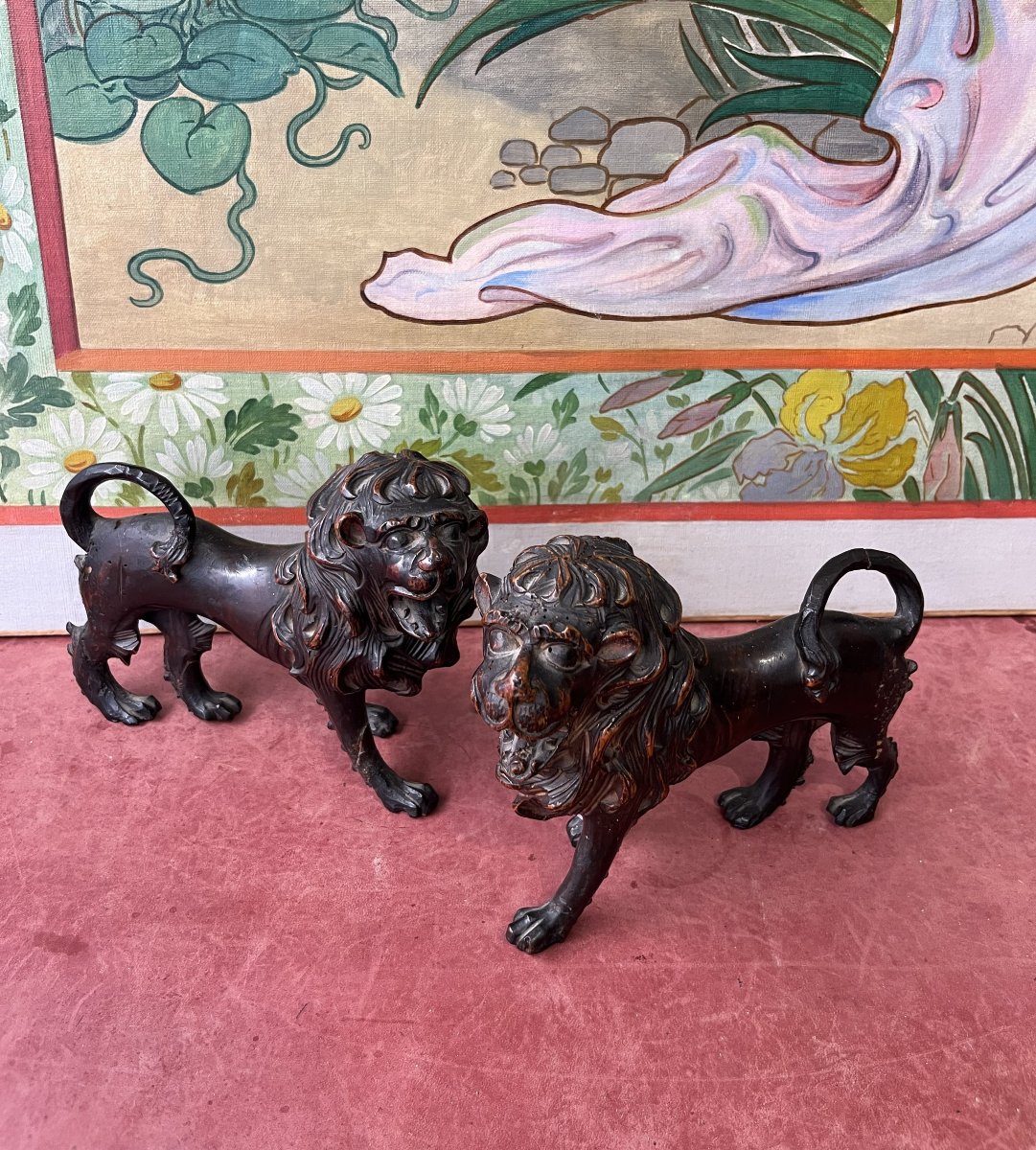 Pair Of Carved Wooden Lions, Germany, 17th Century