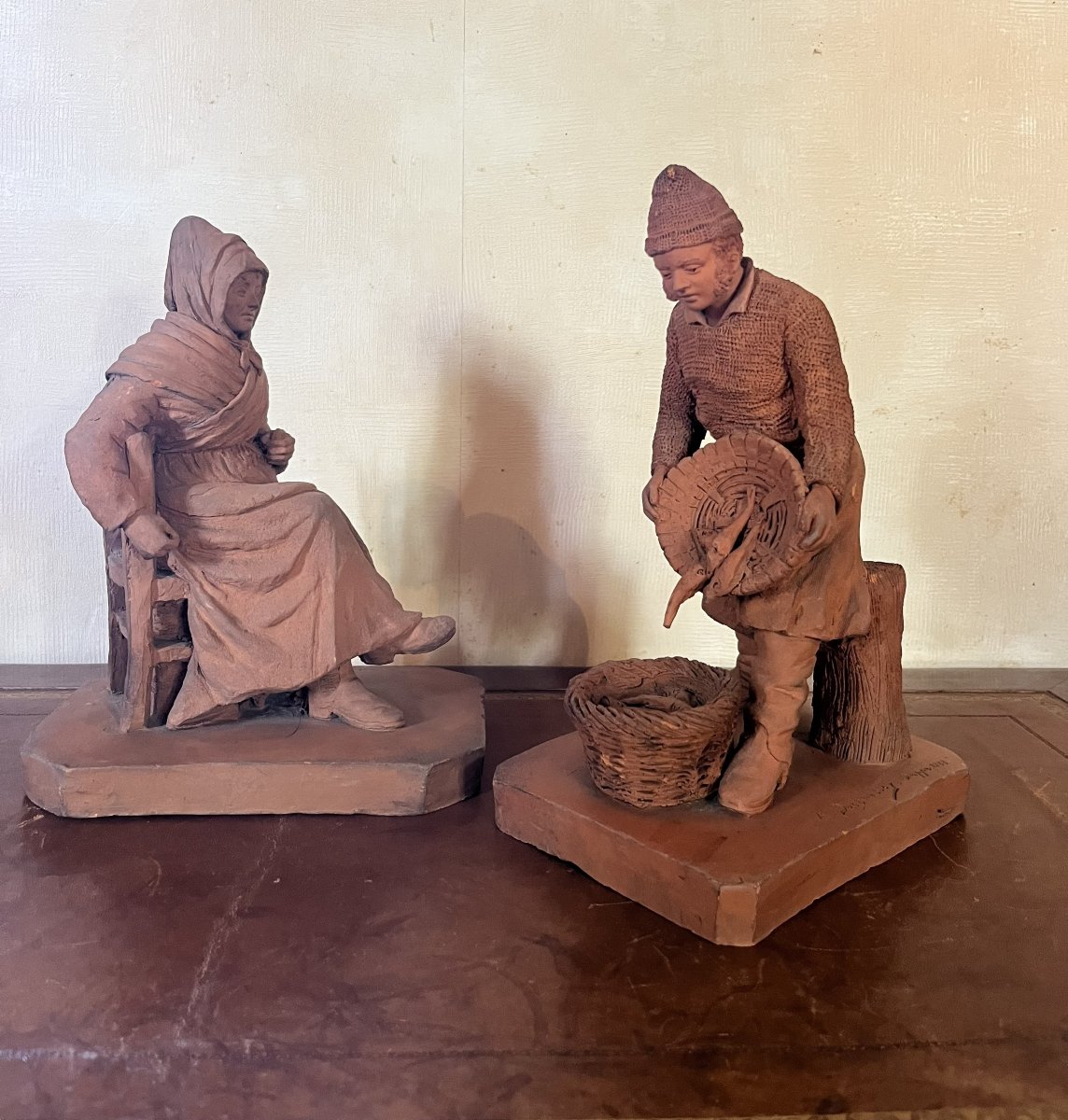 Pair Of Terracotta Figures, A Man And A Woman From Pollet, Dieppe, Albert Duchaussoy, 1883