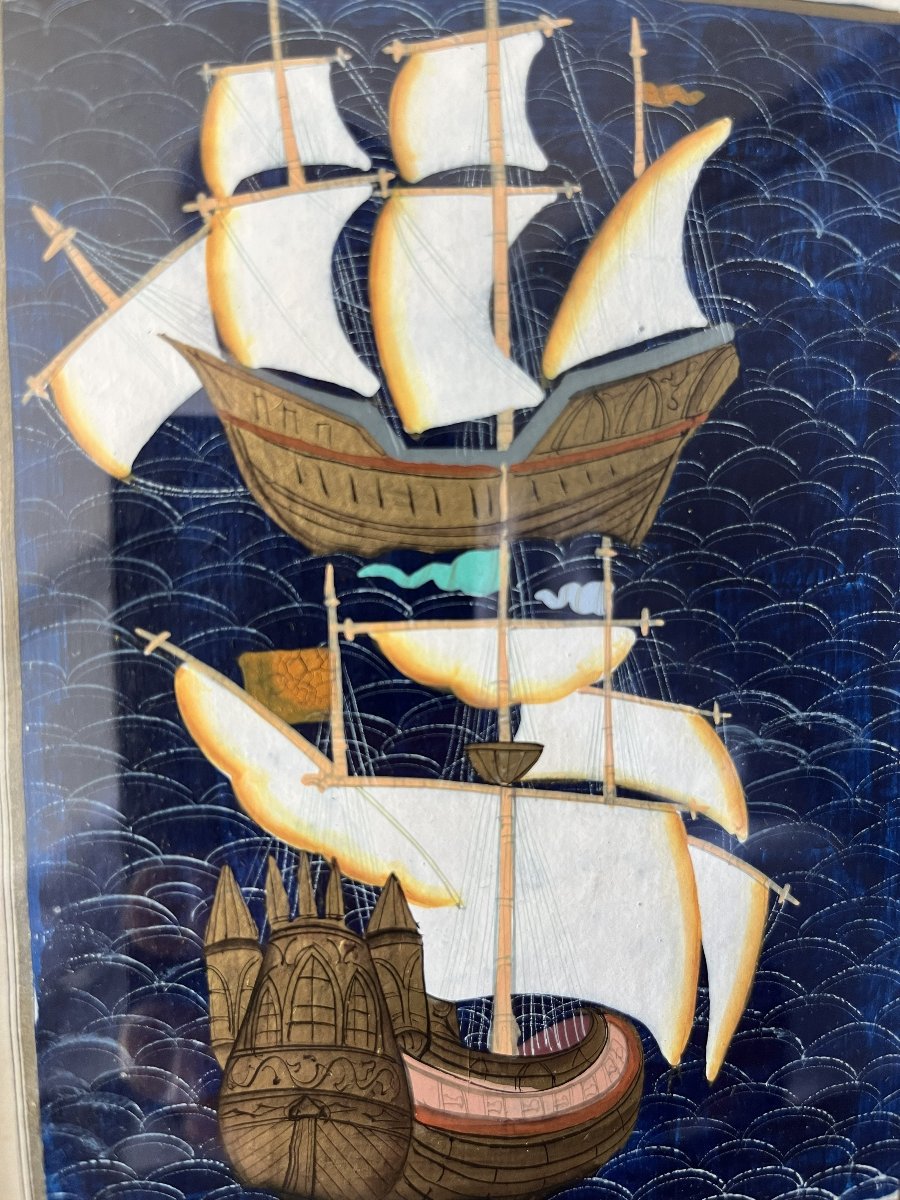 Miniature Persanne,bateau de la flotte Ottomane,gouache sur papier,XIXème siècle-photo-3