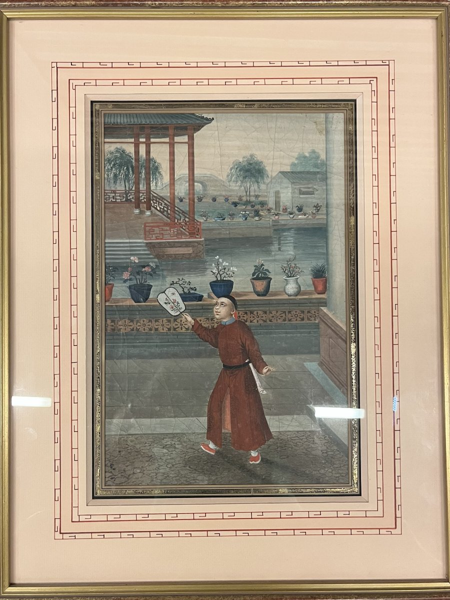 Chinese Painting, Young Man With A Fan In His Palace, China, Circa 1780