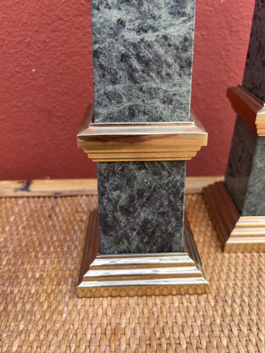 Pair Of Obelisks Made Of Sea-green Marble And Gilded Bronze, 20th Century -photo-3