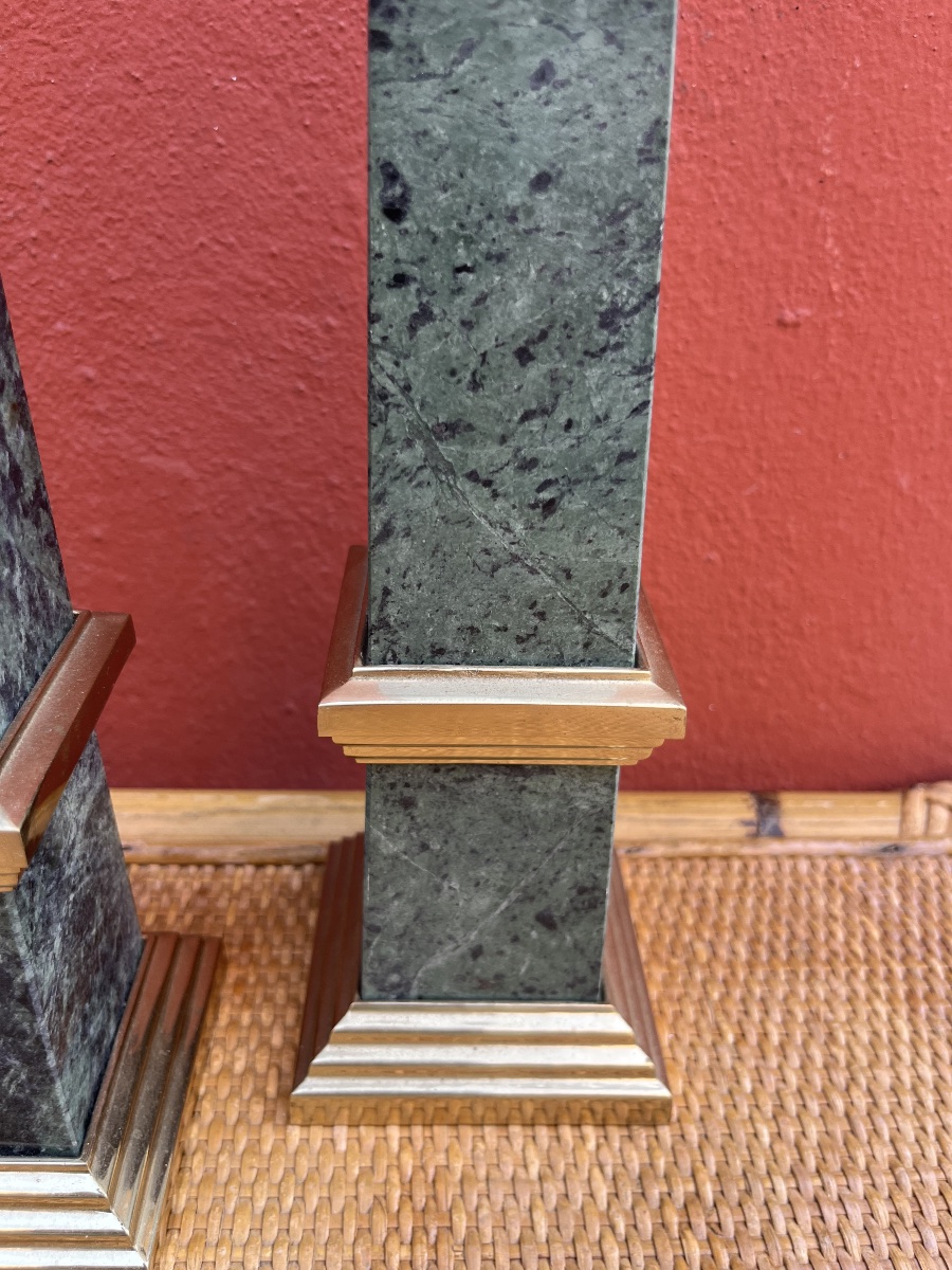 Pair Of Obelisks Made Of Sea-green Marble And Gilded Bronze, 20th Century -photo-4