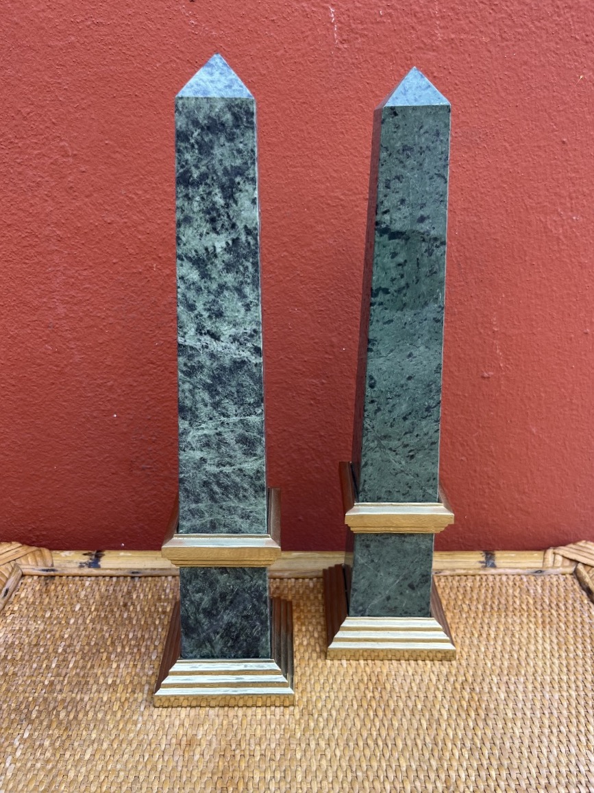 Pair Of Obelisks Made Of Sea-green Marble And Gilded Bronze, 20th Century 