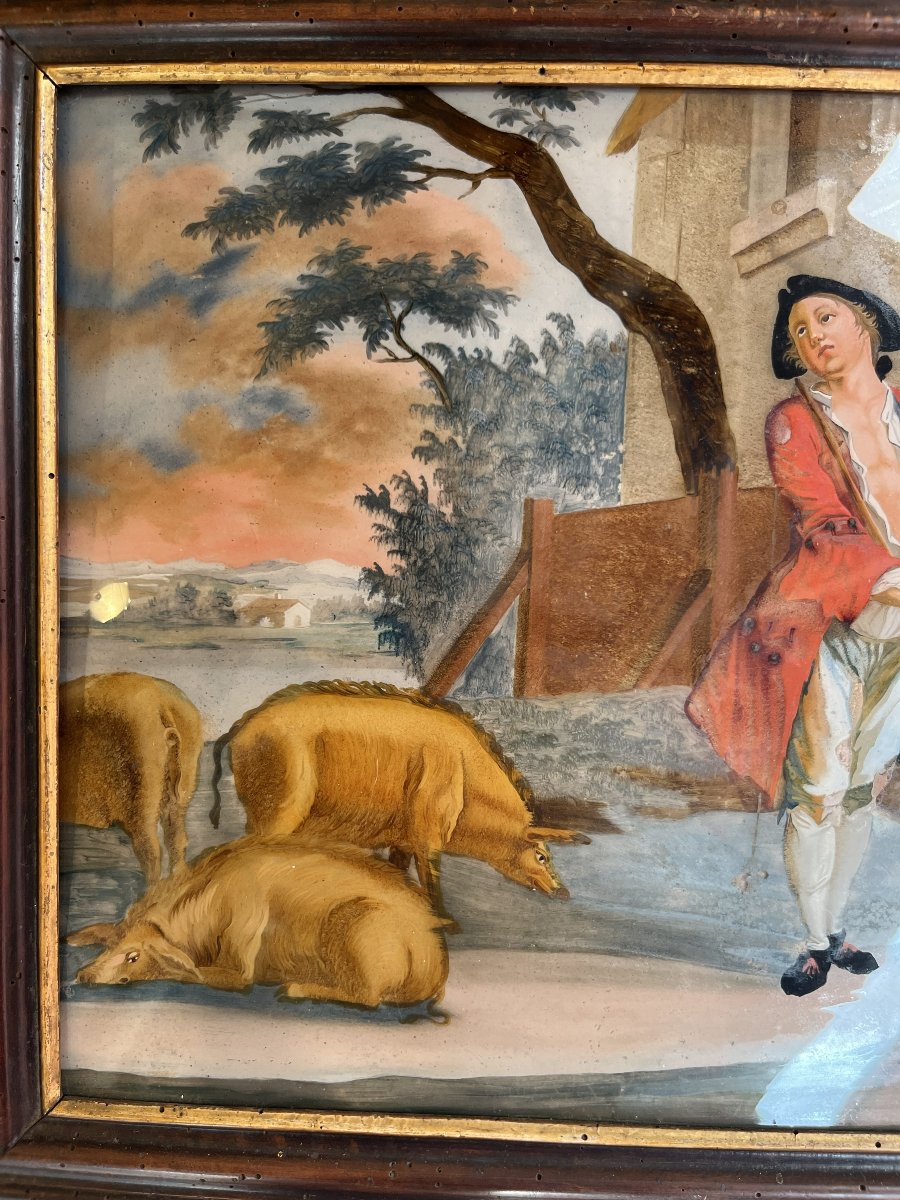 Fixé sous verre XVIIIème siècle représentant l'enfant prodigue gardant les porcs-photo-3