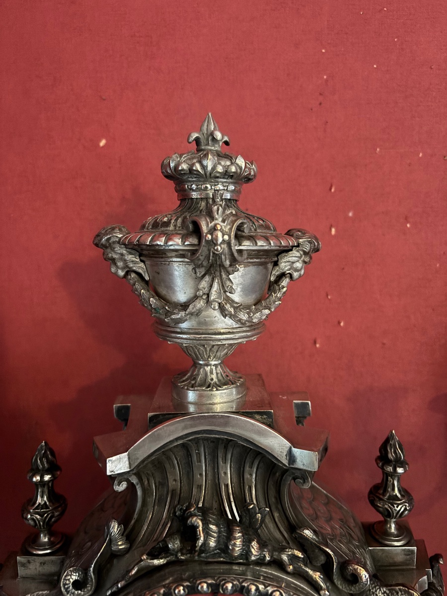 Garniture de cheminée en bronze argenté de style Régence, Henri Houdebine bronzier-photo-4
