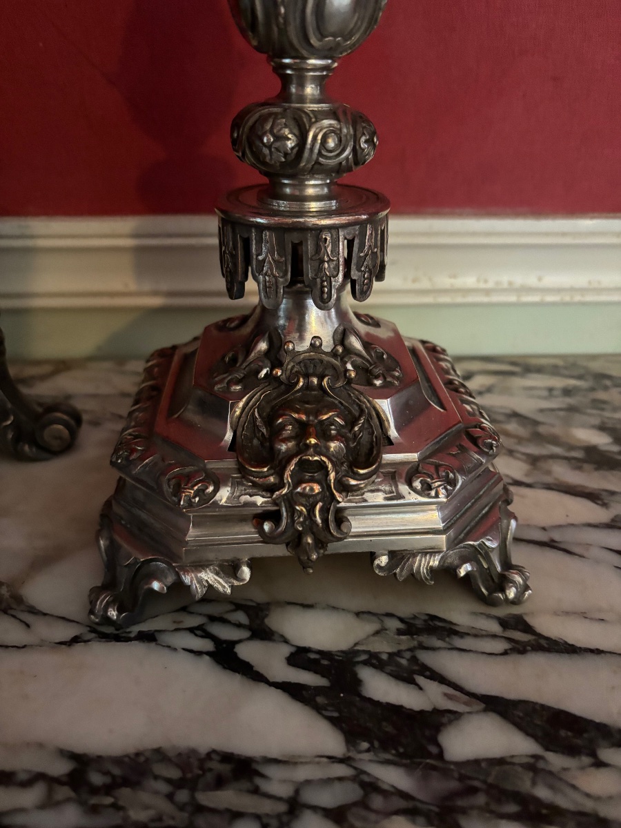 Garniture de cheminée en bronze argenté de style Régence, Henri Houdebine bronzier-photo-7