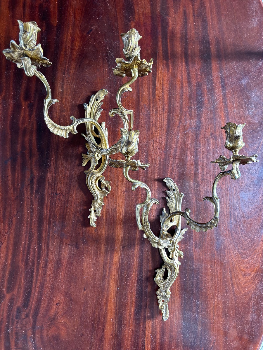 Paire d’appliques Louis XV de style rocaille en bronze doré 