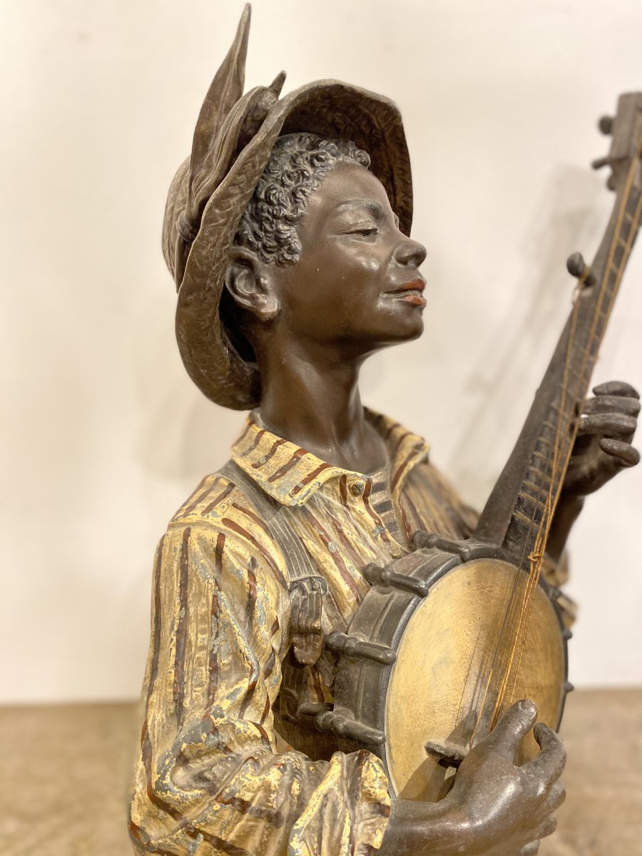 Polychrome Metal Banjo Player Circa 1880-photo-2