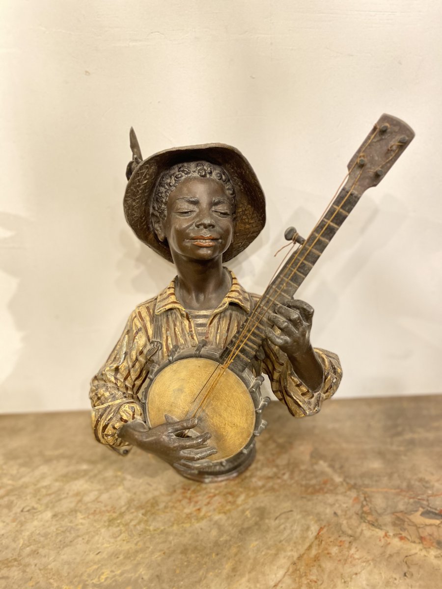 Polychrome Metal Banjo Player Circa 1880