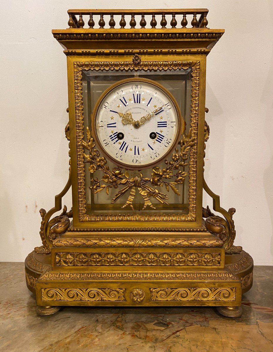 Louis XVI Style Gilt Bronze Cage Clock, Lemerle Charpentier