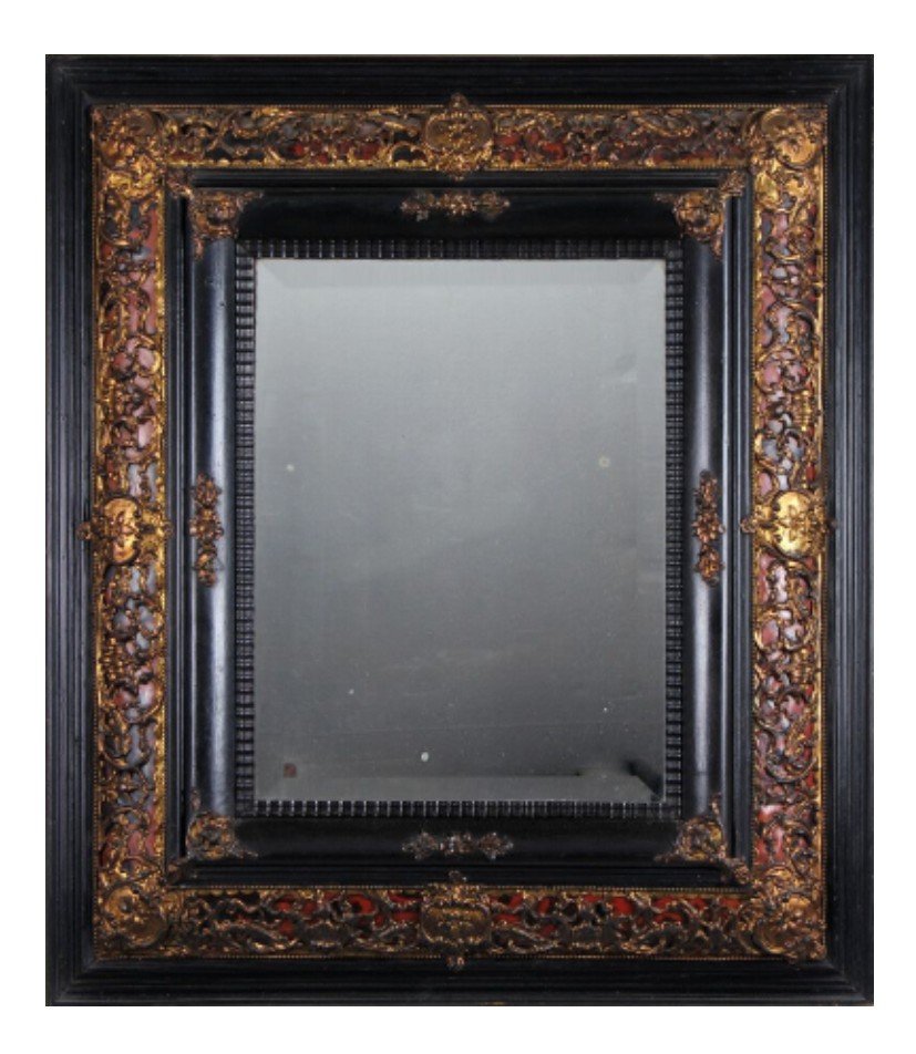 Blackened Wooden Mirror With Brass Decoration On Tortoiseshell Background Circa 1860