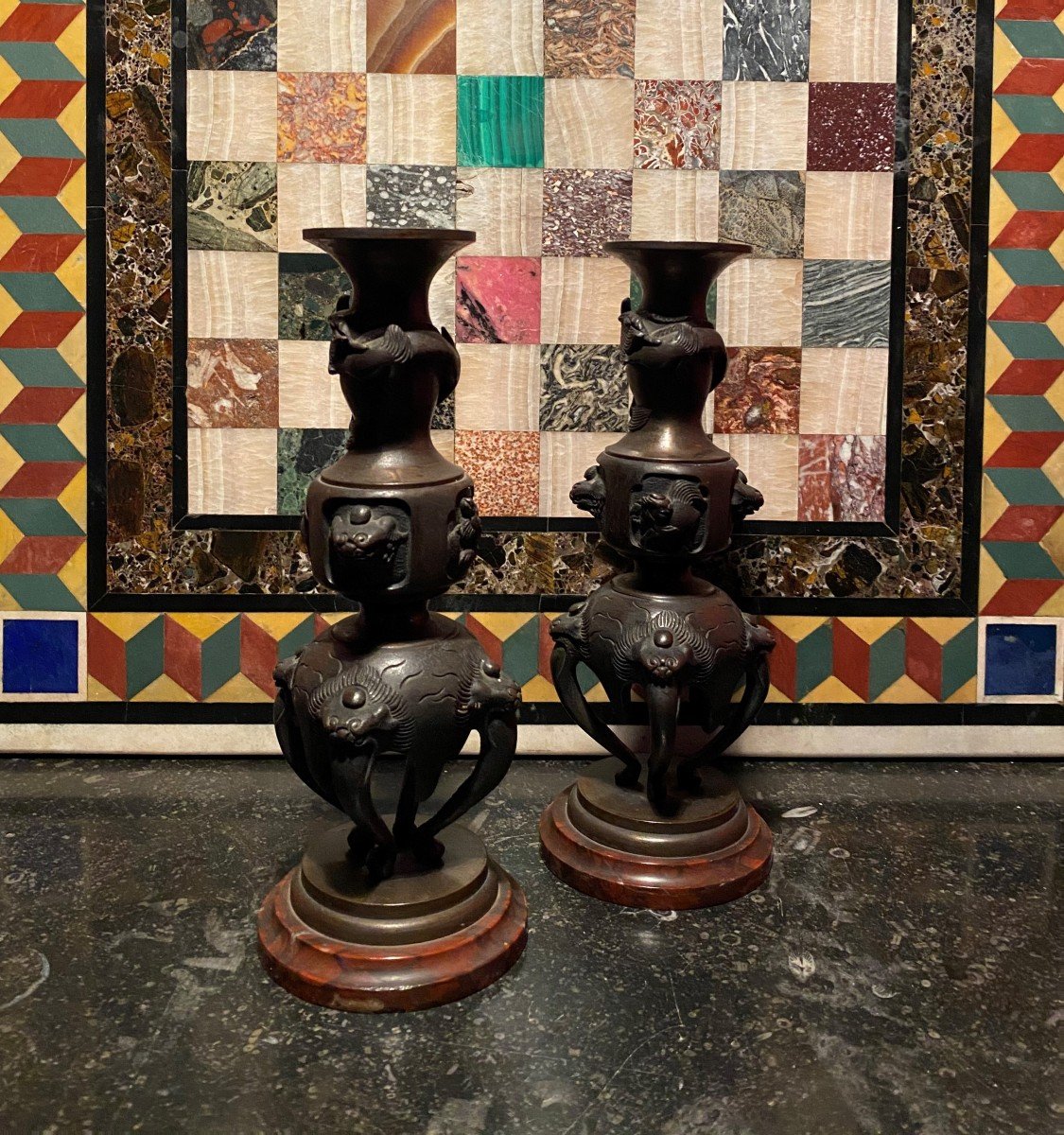 Pair Of Japanese Bronze Candlesticks, Circa 1880