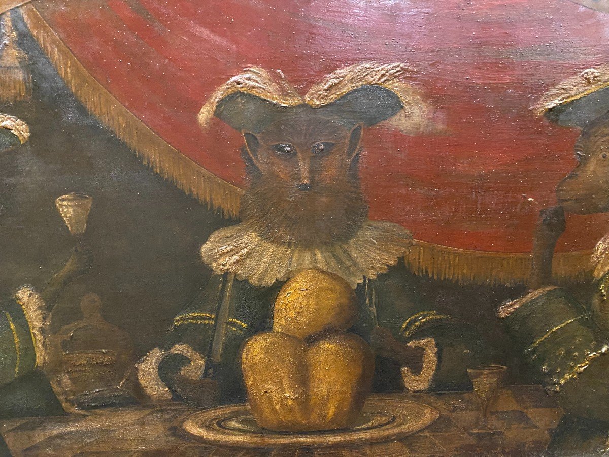 Grande peinture sur tôle , aux trois rusés , XIXème siècle-photo-2