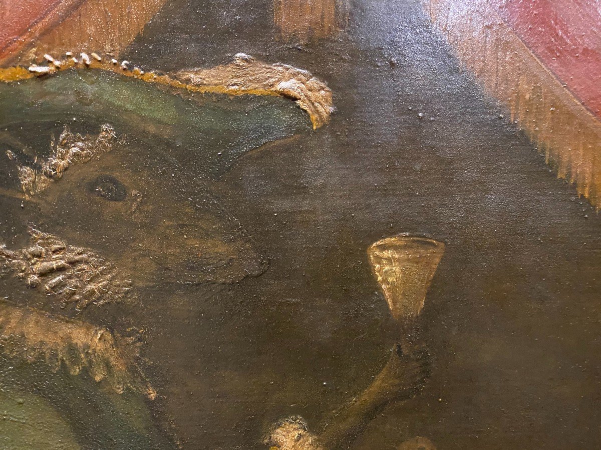 Grande peinture sur tôle , aux trois rusés , XIXème siècle-photo-2