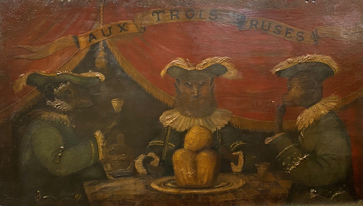 Large Painting On Sheet Metal, With Three Tricksters, 19th Century