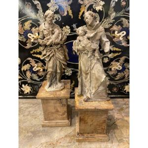 Pair Of Alabaster Sculptures, Saint Joseph And Saint Anthony Of Padua, XVIIth Century