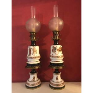 Pair Of Kerosene Porcelain Lamps Decorated With Greek Warriors, Napoleon III Period