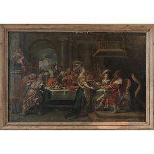 Tableau huile sur toile , scène de banquet , XVIIIème siècle