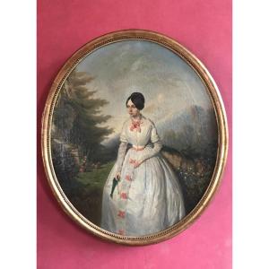 Portrait d'une Jeune Femme à l'ombrelle, XIXème Siècle , Huile Sur Toile