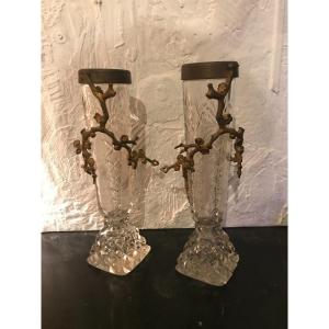 Paire De Vases Cristal Baccarat Japonisant Monture Bronze Doré Fin XIXème Siècle
