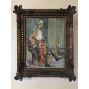 Orientalist Watercolor Signed Gustave De Launay Mention Transvestite On The Cartridge
