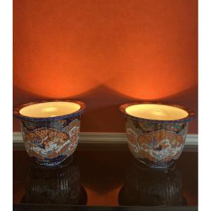 Japan, Pair Of Plant Pots, Lamps, Imari Porcelain, Meiji Period, 19th Century 