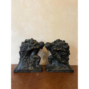 Pair Of Bronze Bookends, Children, Signed Joseph Witterwulghe