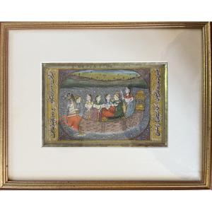 Miniature Indienne , cérémonie d'un Prince sur une barque , XIXème siècle