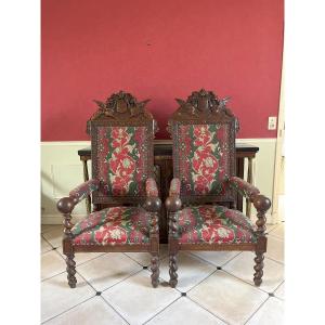 Paire de fauteuils en chêne sculpté-Style Louis XIII-Apparat-XIXème siècle