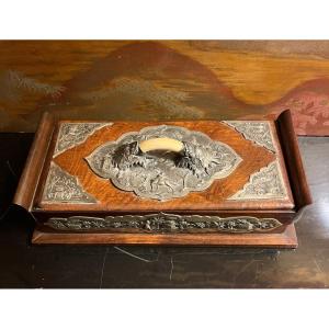 Precious Wood And Silver Box, Decorated With Dragons, Vietnam, Circa 1900